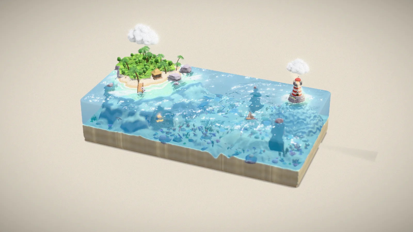 말랑한 젤리 블록 속 바다에 야자수 섬과 등대 섬이 있고, 위에 솜구름이 떠 있는 Diorama Island 디오라마